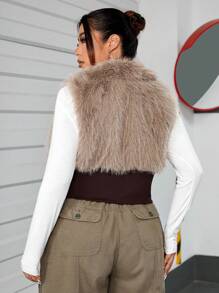 SHEIN EZwear Plus Fuzzy Panel Crop Vest Coat - Brown - View 2