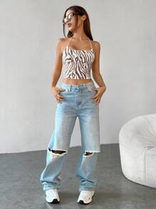 SHEIN EZwear 斑馬紋後綁帶繞頸短上衣