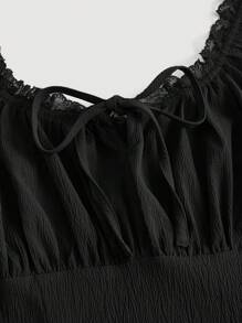 SHEIN MOD Solid Lace Trim Ruched Bust Dress - Black - View 4