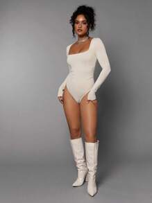 Silquee Square Neck Slim Fit Bodysuit - Beige - View 3