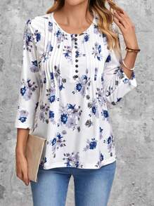 EMERY ROSE Floral Print Button Front Plicated Tee - Blue and White - View 4