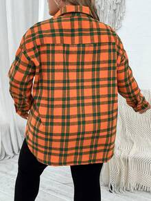 SHEIN CURVE+ 大碼格紋印花落肩袖襯衫 - 橘色 - 查看 2