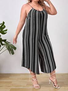 SHEIN VCAY Plus Striped Print Asymmetrical Hem Cami Jumpsuit - Black and White - View 4