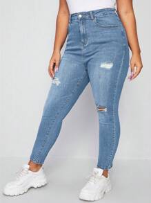 EMERY ROSE Plus High Waist Ripped Skinny Jeans - Light Wash - View 1