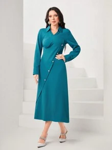 Modelyn Solid Button Detail Wrap Hem Dress - Teal Blue - View 5