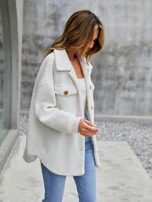 SHEIN LUNE Flap Pocket Drop Shoulder Teddy Coat