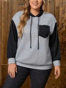 EMERY ROSE Áo nỉ dáng rộng phối màu, túi vá, vai rớt, dây rút. - Xám - Xem 1