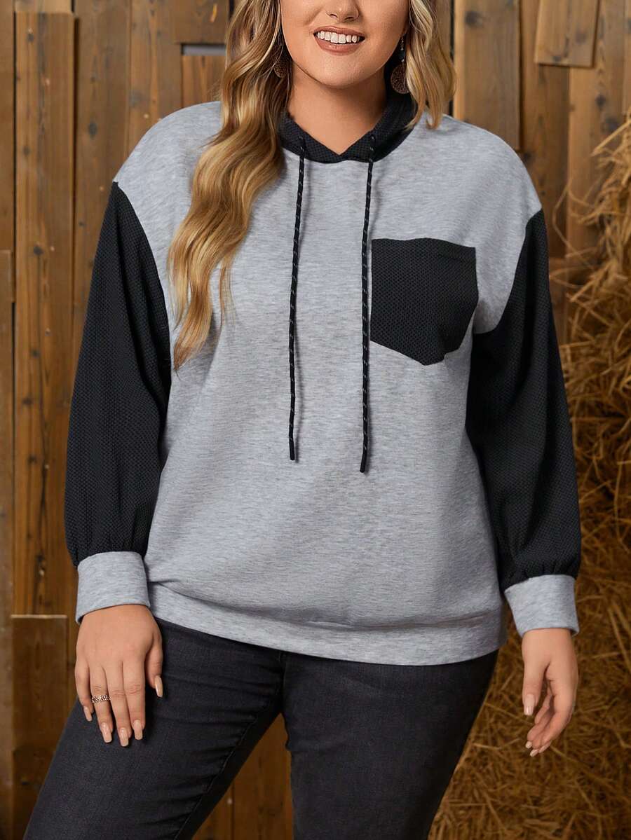 EMERY ROSE Áo nỉ dáng rộng phối màu, túi vá, vai rớt, dây rút. - Xám - Xem 1