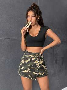 SHEIN EZwear 迷彩印花前紐扣牛仔裙褲 - 軍綠色 - 查看 4