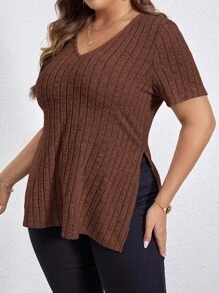 SHEIN Essnce Plus Split Hem Ribbed Knit Tee