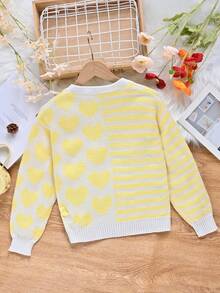SHEIN Tween Girl Heart & Striped Pattern Cardigan - Multicolor - View 2