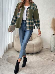 Breezaya Plaid Print Drop Shoulder Jacket - Army Green - View 6