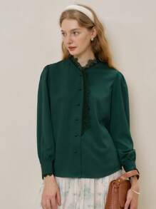 Simple Retro Blusa con encaje en contraste con botón delantero manga larga - Verde Oscuro - Ver 3