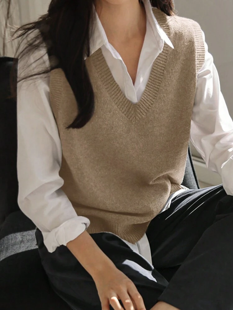 Solid V Neck Sweater Vest Without Blouse