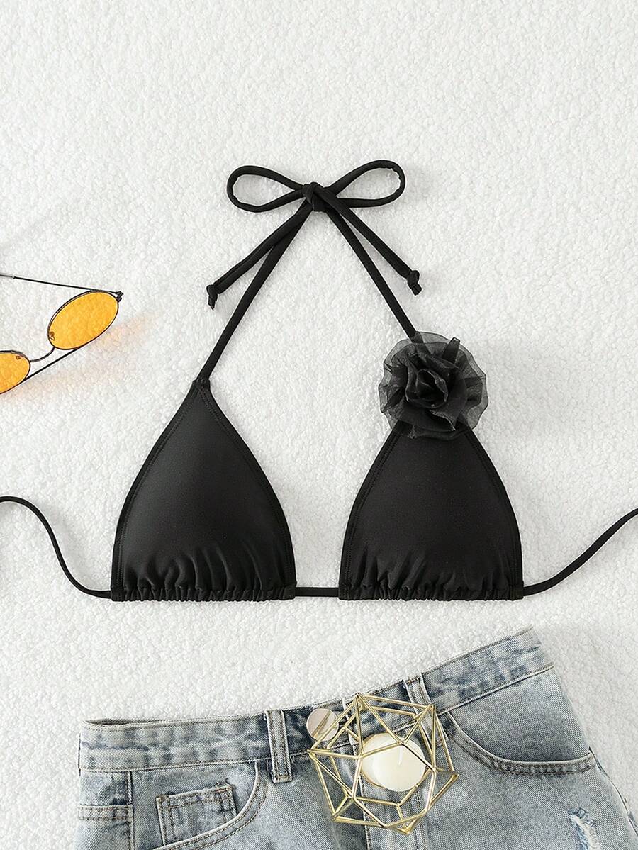 Chi tiết đồ trang trí mùa hè Halter Triangle Bikini Top - màu đen - Xem 1