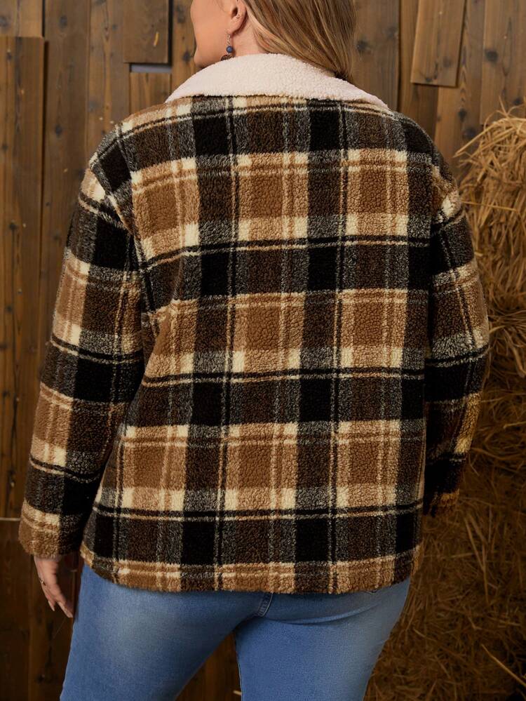 Cappotto termico imbottito in pelliccia sintetica con colletto in pelliccia sintetica e stampa a quadri, adatto per l'autunno/inverno, taglie oversize