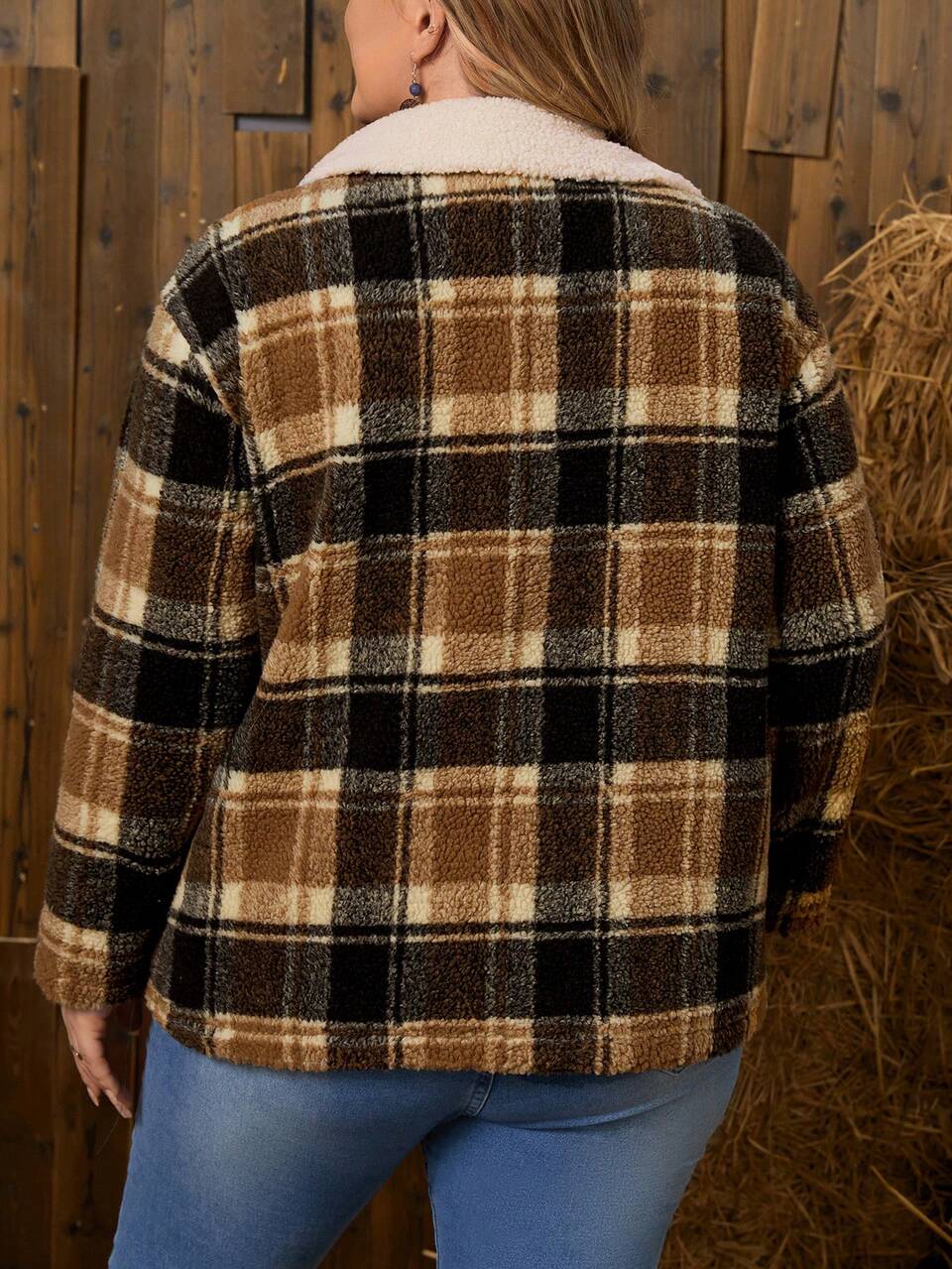 Plus Plaid Print Borg Collar Teddy Lined Thermal Coat, Fall/Winter
