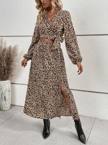 SHEIN LUNE 滿版印花燈籠袖側打結短款上衣和高衩半身裙 - 彩色 - 查看 5