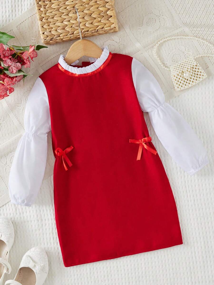 RueChic Young Girl Two Tone Bow Front 2 In 1 Dress - Red - View 1