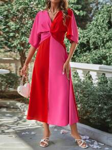 Chiquease Two Tone Twist Front Split Hem Dress - Hot Pink - View 3