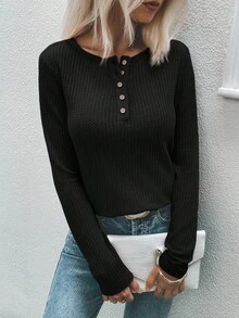 SHEIN LUNE Chất rắn Placket nửa nút Dệt kim Waffle Áo thun - màu đen - Xem 4