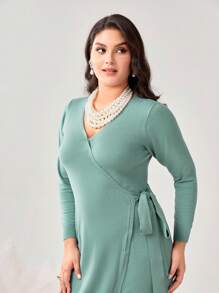 Modelyn Plus Wrap Knot Side Ribbed Knit Sweater Dress - Mint Green - View 6
