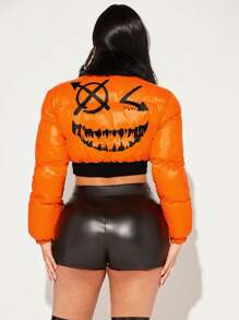SHEIN SXY Halloween Print Zip Up Crop Padded Coat - Orange - View 2