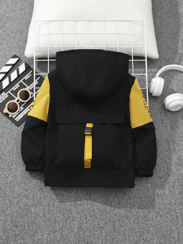 Young Boy Colorblock Flap Pocket Teddy Lined Hooded Coat Without Sweatshirt