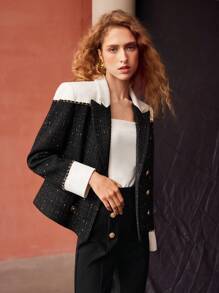 MOTF PREMIUM TWO-TONE CHAIN DETAIL TWEED BLAZER - Black and White - View 3