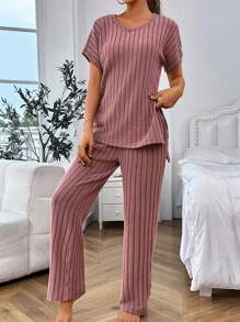 蝙蝠袖开衩上衣和裤子休闲套装 - 藕粉色 - 查看 6