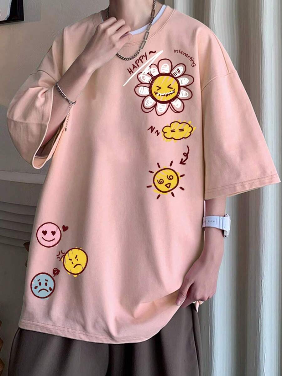 Claim Dot Loose Fit Men's Cartoon Graphic Drop Shoulder T-Shirt, 2000s Style, Pink - Pink - View 1