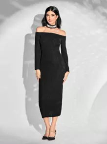 Modelyn Off Shoulder Pearls Detail Bodycon Dress - Black - View 5