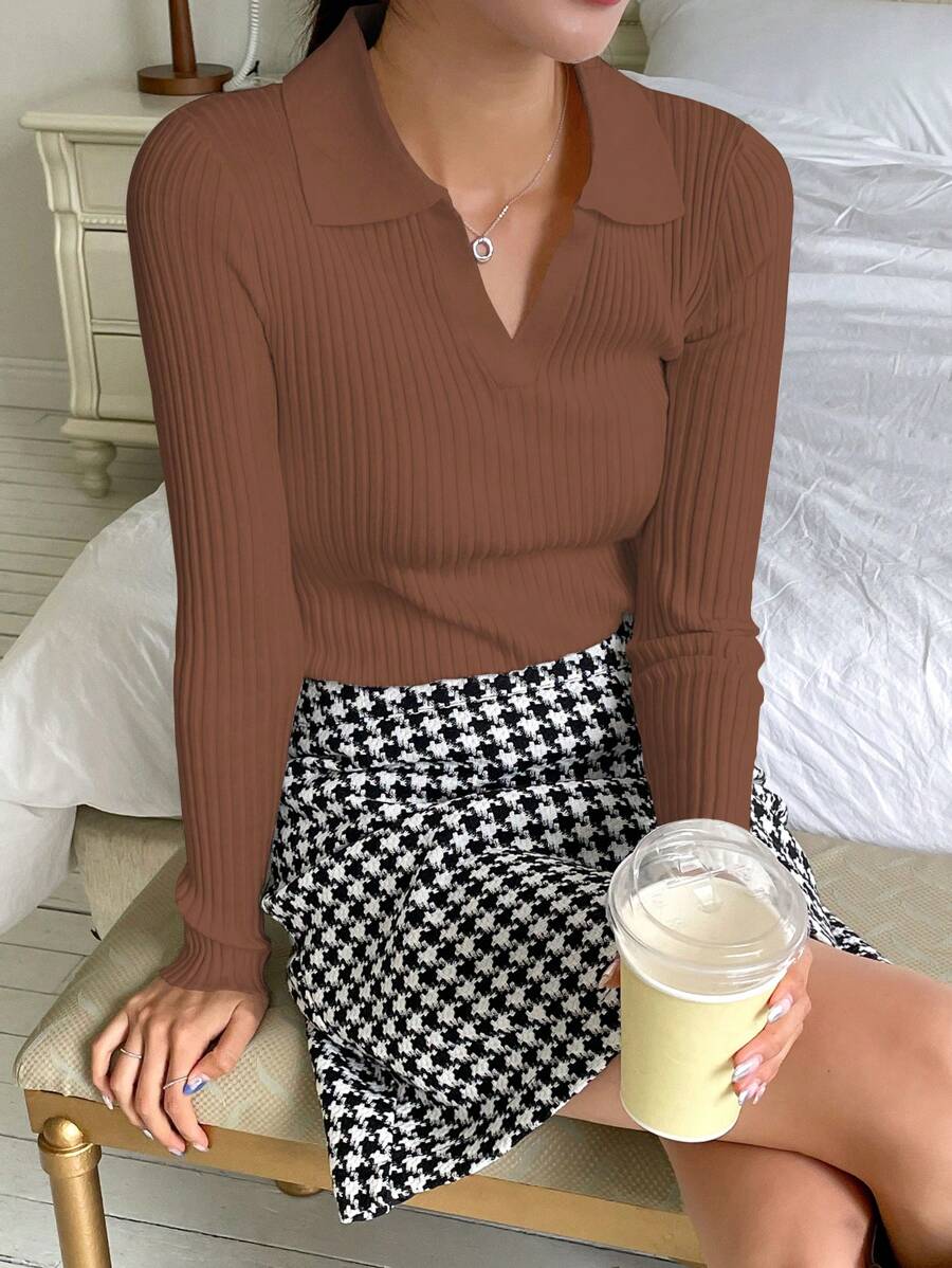 DAZY 商务休闲纯色罗纹针织毛衣，秋装 - 駝色 - 查看 1