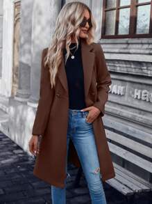 SHEIN LUNE 西裝領雙排釦腰帶花呢外套 - 咖啡棕 - 查看 5