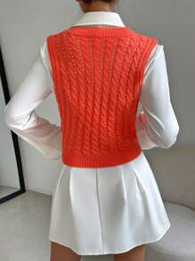 SHEIN Unity Letter Pattern Cable Knit Sweater Vest Without Blouse - Orange - View 2