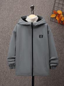 SHEIN Tween Boy 1pc Letter Graphic Flap Pocket Hooded Coat - Grey - View 3