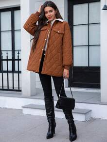 SHEIN Clasi 博格領落肩絎縫大衣 - 鏽棕色 - 查看 6