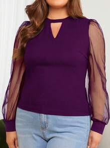 SHEIN Clasi 加鑰匙孔領口撞色網眼燈籠袖上衣 - 紫色 - 查看 3