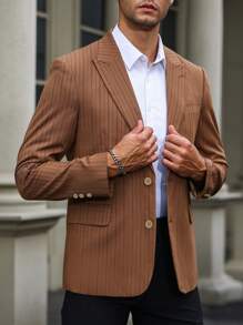 Manfinity Mode Men 1pc Vertical Striped Single Breasted Blazer - Coffee Brown - View 4