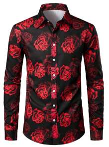 Men Floral Print Contrast Collar Shirt - Burgundy - View 3