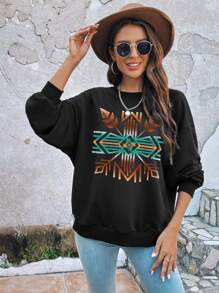 SHEIN LUNE Geo & Letter Graphic Drop Shoulder Sweatshirt - Black - View 3