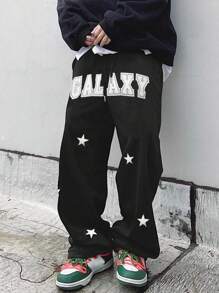 Manfinity EMRG 男士星星&字母圖形束腰寬鬆運動褲 - 黑色 - 查看 1