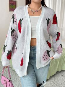 SHEIN Qutie 大碼草莓圖案落肩袖開襟開衫 - 紅白色 - 查看 5