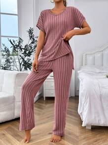 蝙蝠袖开衩上衣和裤子休闲套装 - 藕粉色 - 查看 5