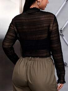 SHEIN EZwear 大碼小高領木耳邊網紗上衣不附抹胸 - 黑色 - 查看 2