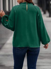 SHEIN Clasi Plus Cold Shoulder Frill Trim Lantern Sleeve Blouse - Dark Green - View 2