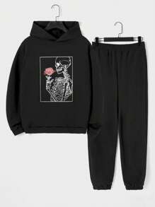 RueChic Men Skeleton Print Hoodie & Sweatpants - Black - View 1