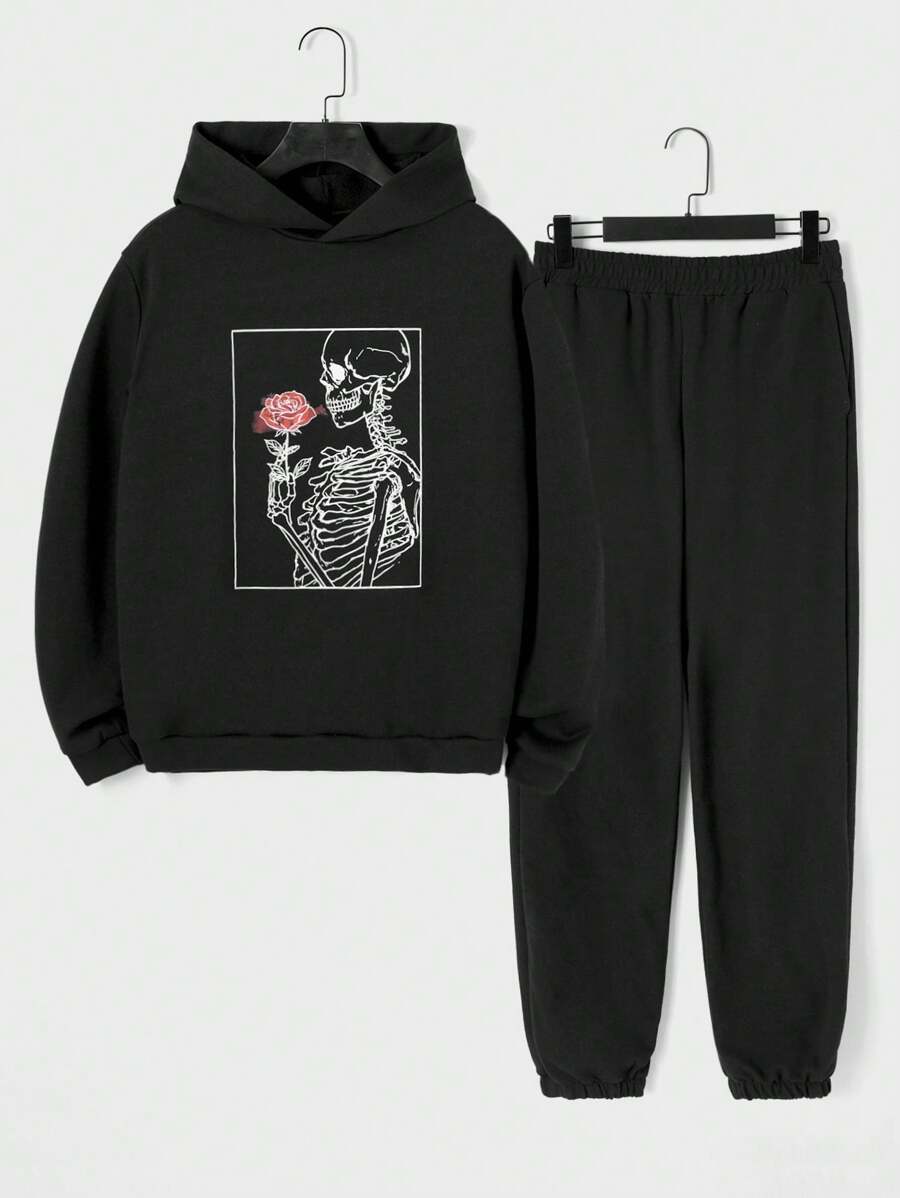 RueChic Men Skeleton Print Hoodie & Sweatpants - Black - View 1