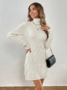 Chiquease 高領麻花編織毛衣洋裝 - 米色 - 查看 6