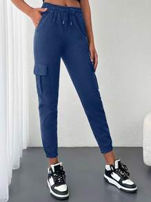 EURMUSE Flap Pocket Side Drawstring Waist Sweatpants - Navy Blue - View 4